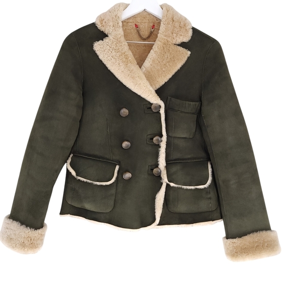 Marc by Marc Jacobs Real Merino Shearling Double Breasted Coat in Olive Green